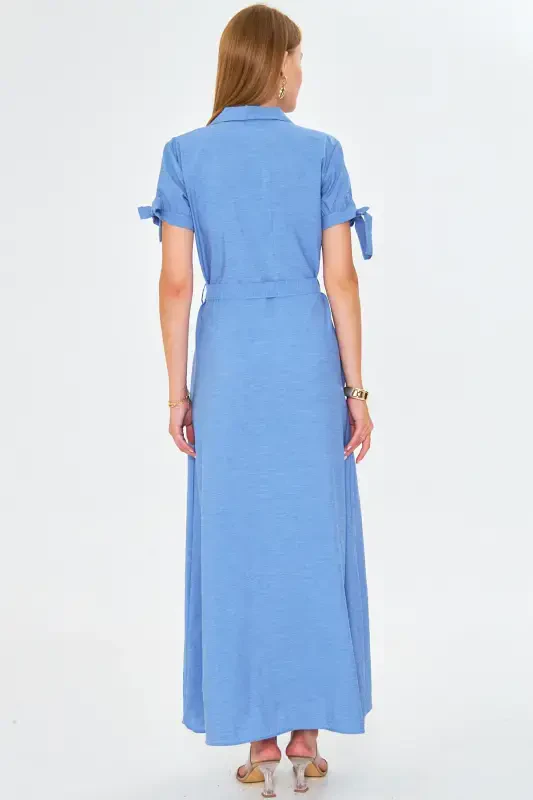Woman Light Blue Tie Sleeve Belted Shirt Dress ARM-23Y001004-Light Blue - 5