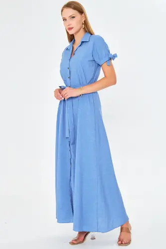 Woman Light Blue Tie Sleeve Belted Shirt Dress ARM-23Y001004-Light Blue - 4