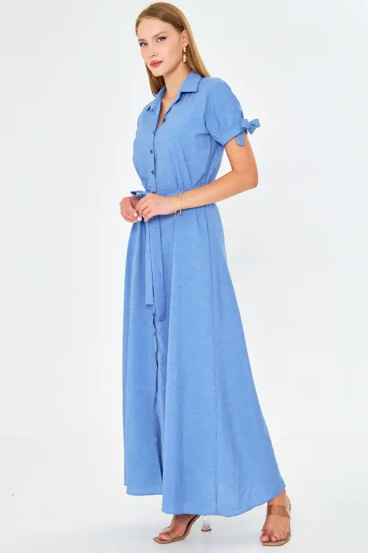 Woman Light Blue Tie Sleeve Belted Shirt Dress ARM-23Y001004-Light Blue - 4