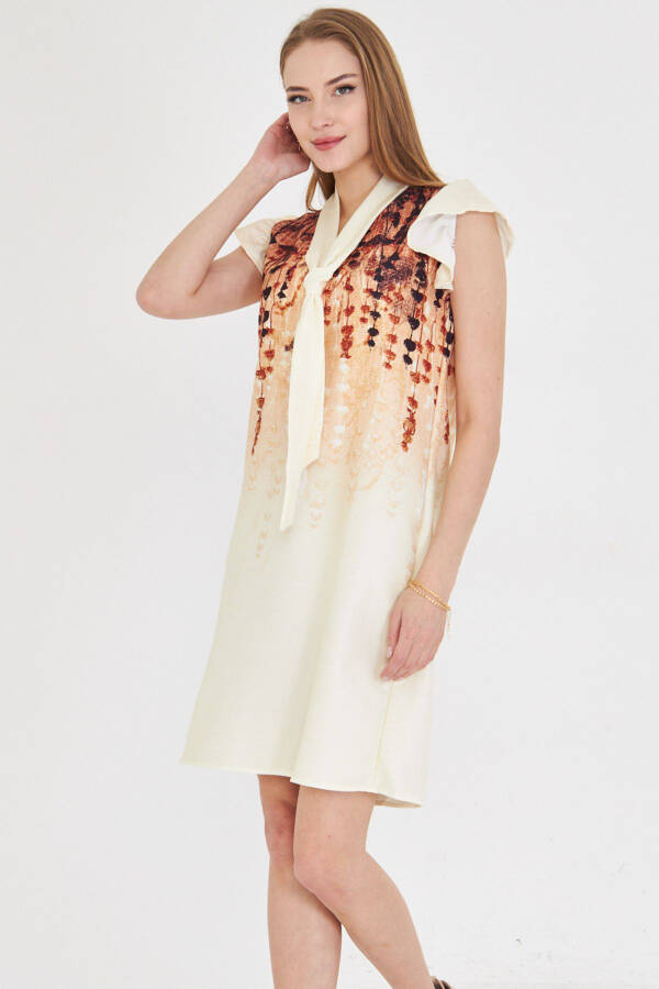 Woman Light Brown V Neck Ruffle Sleeve Tie De - 1