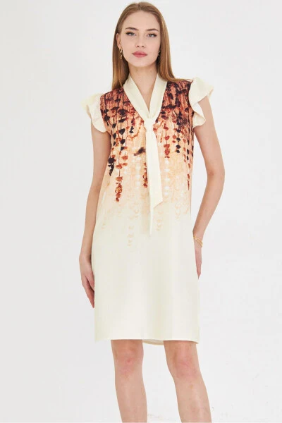 Woman Light Brown V Neck Ruffle Sleeve Tie De - 3