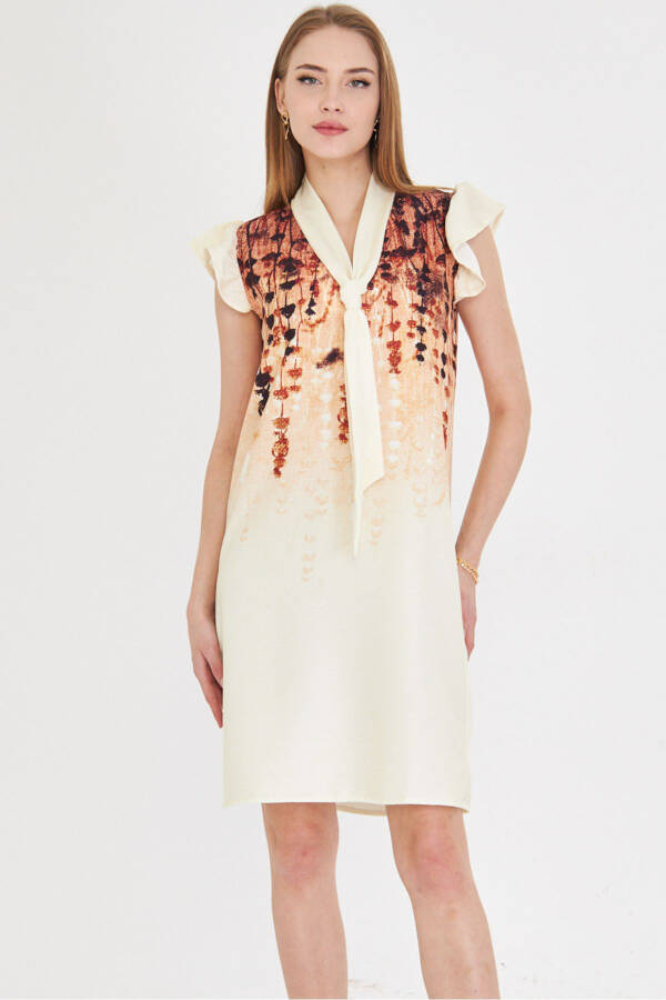 Woman Light Brown V Neck Ruffle Sleeve Tie De - 3