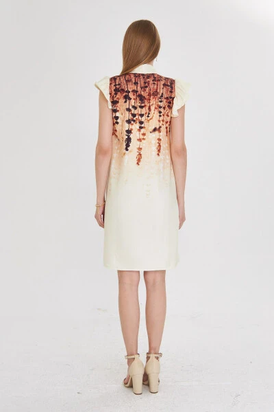 Woman Light Brown V Neck Ruffle Sleeve Tie De - 4