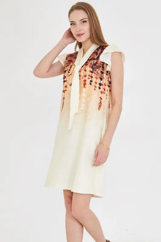 Woman Light Brown V Neck Ruffle Sleeve Tie De - 2