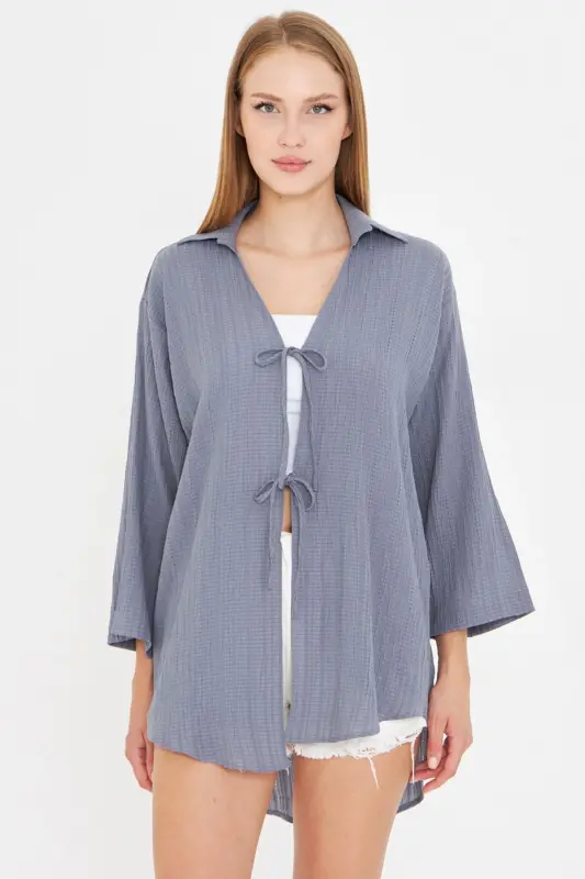 Woman Light Gray Shirt Collar Front Lace-up Kimono Shirt ARM-25K001006-Light Gray - 1