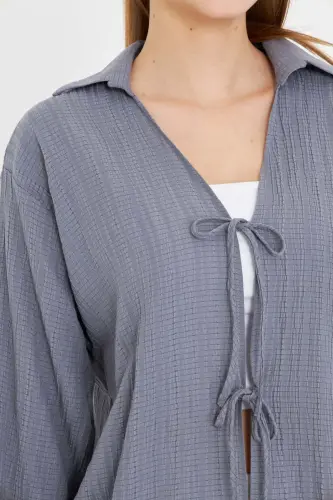 Woman Light Gray Shirt Collar Front Lace-up Kimono Shirt ARM-25K001006-Light Gray - 4