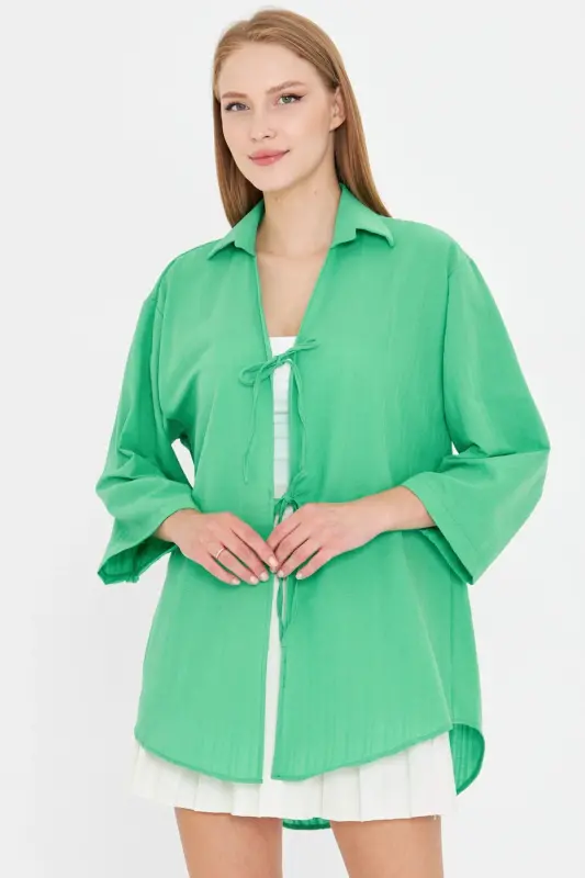 Woman Light Green Shirt Collared Front Tie-Up Kimo - ARMONIKA