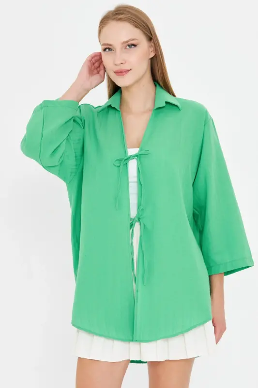 Woman Light Green Shirt Collared Front Tie-Up Kimo - 2
