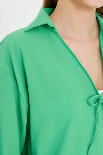 Woman Light Green Shirt Collared Front Tie-Up Kimo - 3