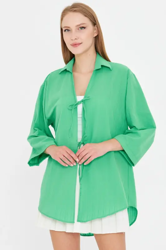 Woman Light Green Shirt Collared Front Tie-Up Kimo - ARMONIKA