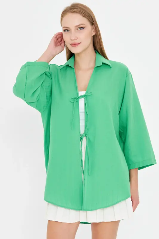 Woman Light Green Shirt Collared Front Tie-Up Kimo - 2