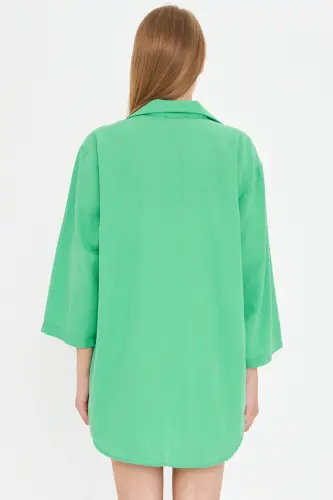 Woman Light Green Shirt Collared Front Tie-Up Kimo - 4