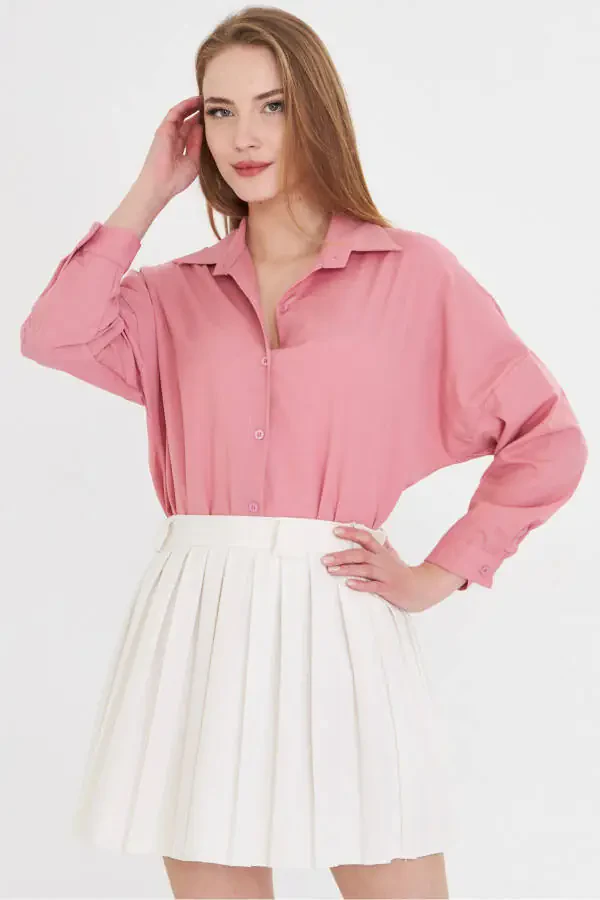 Woman Light Pink Oversize Long Basic Shirt ARM-22 - 1