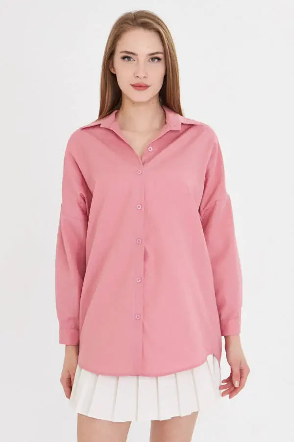 Woman Light Pink Oversize Long Basic Shirt ARM-22 - 3