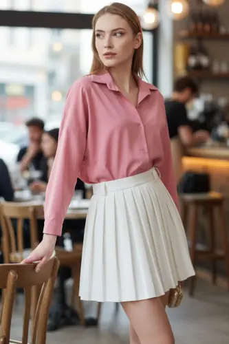 Woman Light Pink Oversize Long Basic Shirt ARM-22 - 1