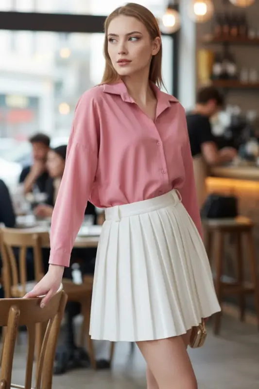 Woman Light Pink Oversize Long Basic Shirt ARM-22 - ARMONIKA