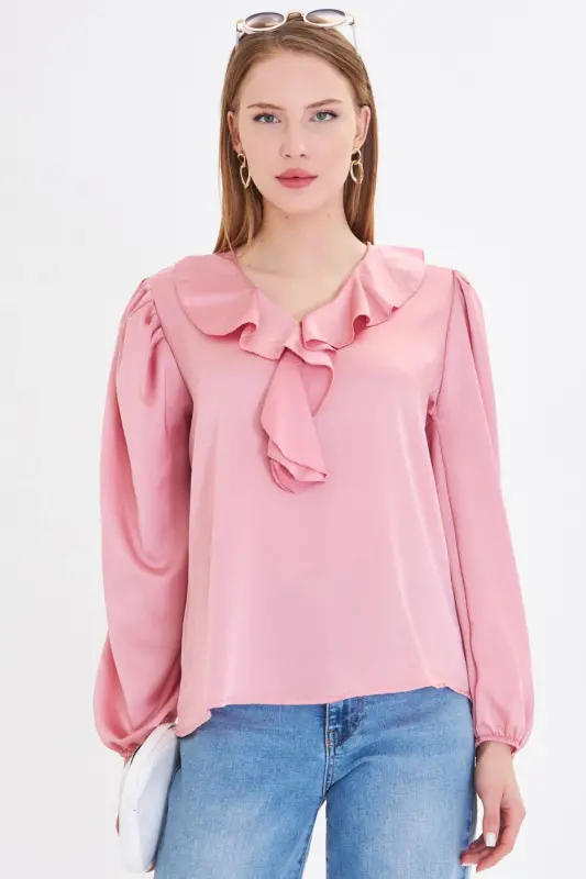 Woman Light Pink Ruffled Collar Shirred Shoulder Elasticated Sleeve Cotton Sateen Blouse ARM-22K001059-Light Pink - 2