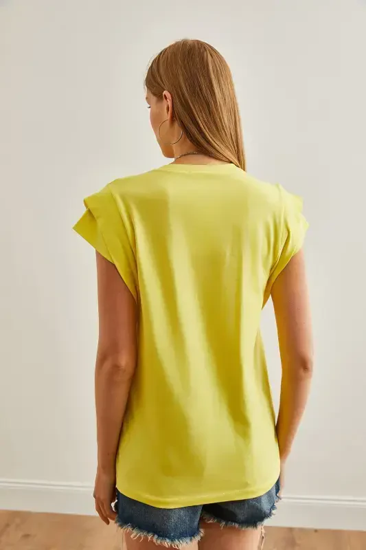 Woman Light Yellow Arm Detailed Cotton T-Shirt TSH-19000 - 2