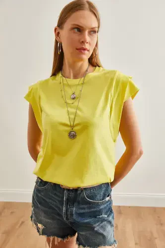 Woman Light Yellow Arm Detailed Cotton T-Shirt TSH-19000 - 4