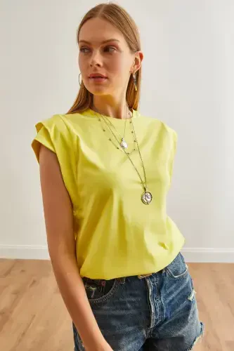 Woman Light Yellow Arm Detailed Cotton T-Shirt TSH-19000 - 5