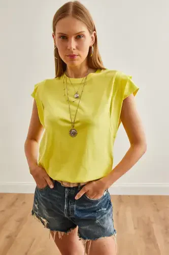 Woman Light Yellow Arm Detailed Cotton T-Shirt TSH-19000 - 6