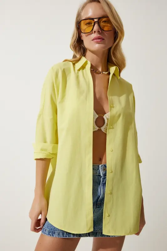 Woman Light Yellow Oversize Long Basic Shirt DD00842-Light Yellow - 2