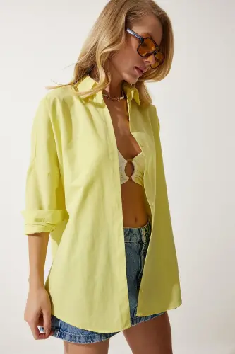 Woman Light Yellow Oversize Long Basic Shirt DD00842-Light Yellow - 3