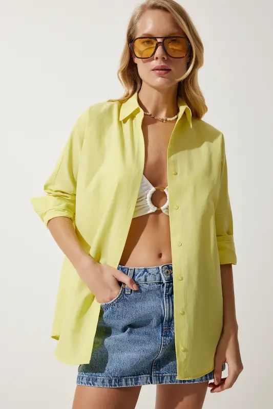 Woman Light Yellow Oversize Long Basic Shirt DD00842-Light Yellow - 5