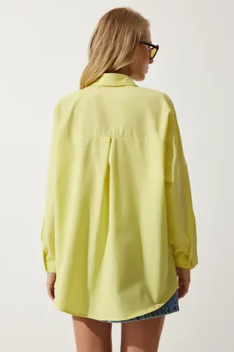 Woman Light Yellow Oversize Long Basic Shirt DD00842-Light Yellow - 7