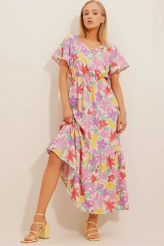 Woman Lilac Floral Patterned Crossover Maxi Dress ALC-X4373-Lilac - TREND ALAÇATI STILI (1)
