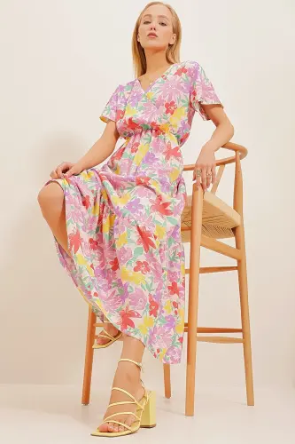 Woman Lilac Floral Patterned Crossover Maxi Dress ALC-X4373-Lilac - 3