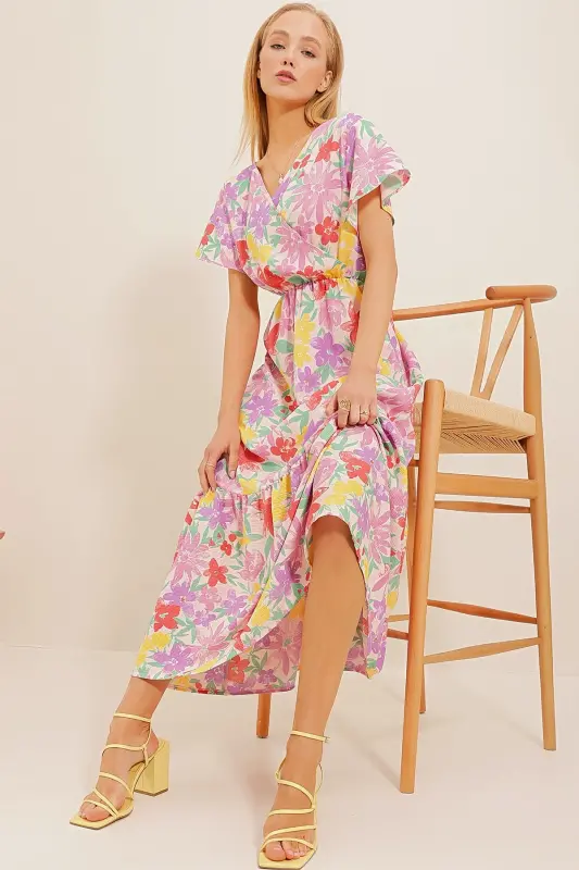 Woman Lilac Floral Patterned Crossover Maxi Dress ALC-X4373-Lilac - 4