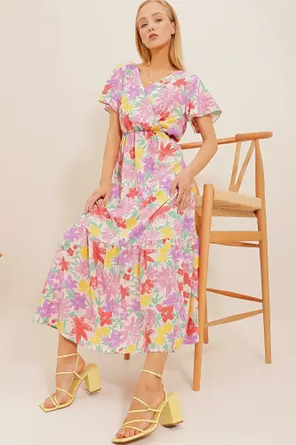 Woman Lilac Floral Patterned Crossover Maxi Dress ALC-X4373-Lilac - 5