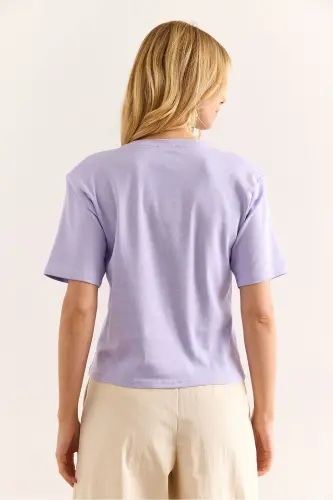 Woman Lilac Padded Interlock Lycra Cotton T-Shirt T - OLALOOK (1)