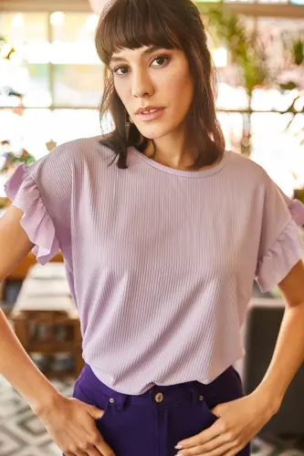 Woman Lilac Ruffled Sleeve Ribbed Tank Top TSH-19000 - 1