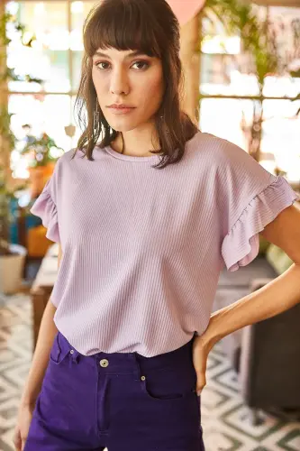 Woman Lilac Ruffled Sleeve Ribbed Tank Top TSH-19000 - OLALOOK (1)
