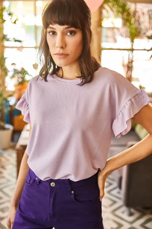 Woman Lilac Ruffled Sleeve Ribbed Tank Top TSH-19000 - 2