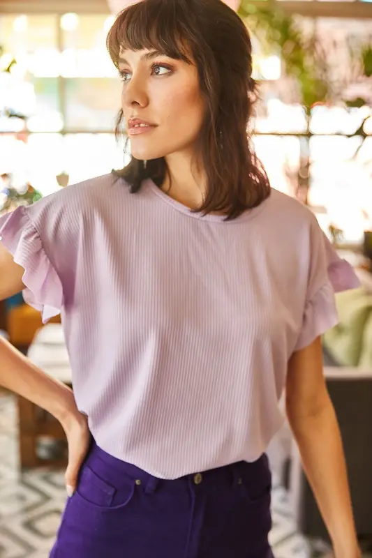 Woman Lilac Ruffled Sleeve Ribbed Tank Top TSH-19000 - 3