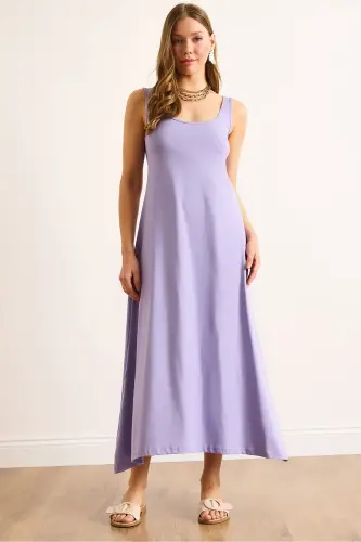 Woman Lilac Spaghetti Strap Midi Cotton Bell Dress ELB-19002444-Lilac - 1
