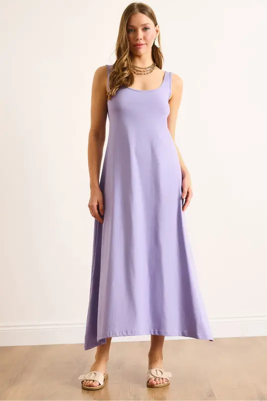 Woman Lilac Spaghetti Strap Midi Cotton Bell Dress ELB-19002444-Lilac - 1