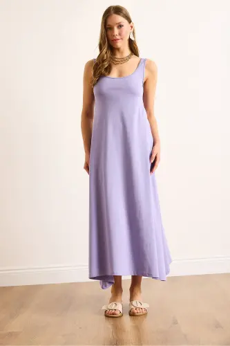 Woman Lilac Spaghetti Strap Midi Cotton Bell Dress ELB-19002444-Lilac - 3
