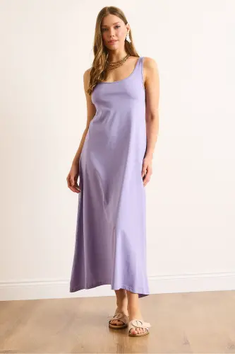 Woman Lilac Spaghetti Strap Midi Cotton Bell Dress ELB-19002444-Lilac - 4