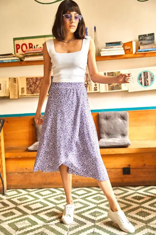 Woman Lilac Tiny Daisy Wrap Skirt ETK-19000154 - 3