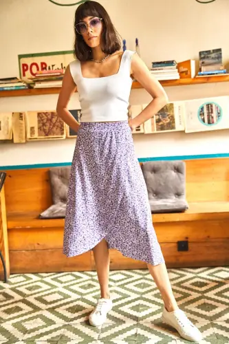 Woman Lilac Tiny Daisy Wrap Skirt ETK-19000154 - 5