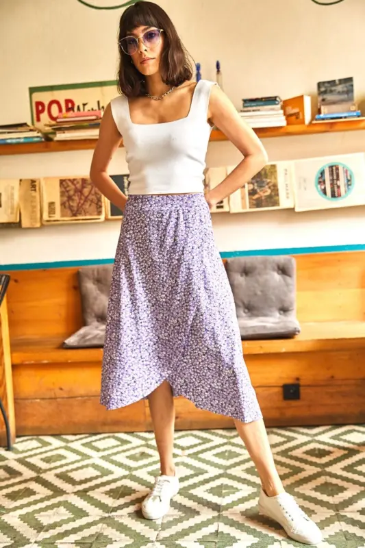 Woman Lilac Tiny Daisy Wrap Skirt ETK-19000154 - 5