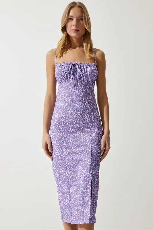 Woman Lilac White Floral Slit Summer Knitted Dress CI00029-Lilac White - 2