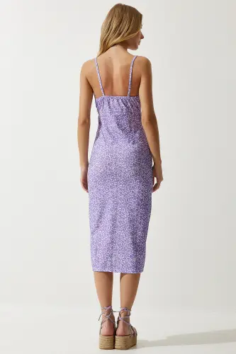 Woman Lilac White Floral Slit Summer Knitted Dress CI00029-Lilac White - 5