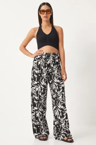 Woman Live Black Ecru Patterned Flowy Viscose Palazzo Pants EN00606-Live Black Ecru - 4