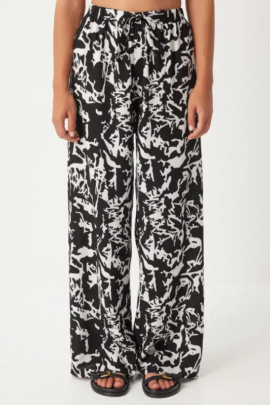 Woman Live Black Ecru Patterned Flowy Viscose Palazzo Pants EN00606-Live Black Ecru - 5
