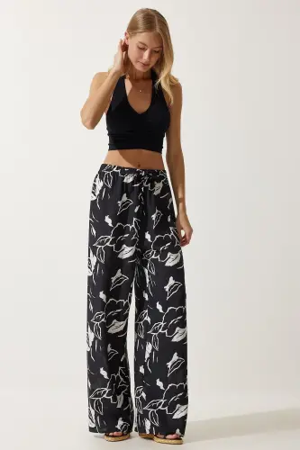 Woman Live Black Patterned Flowing Viscose Palazzo Pants EN00606-Live Black 